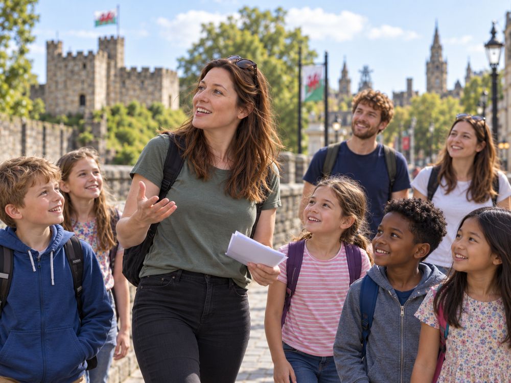 Kerry showing a family group with children around Cardiff Castle